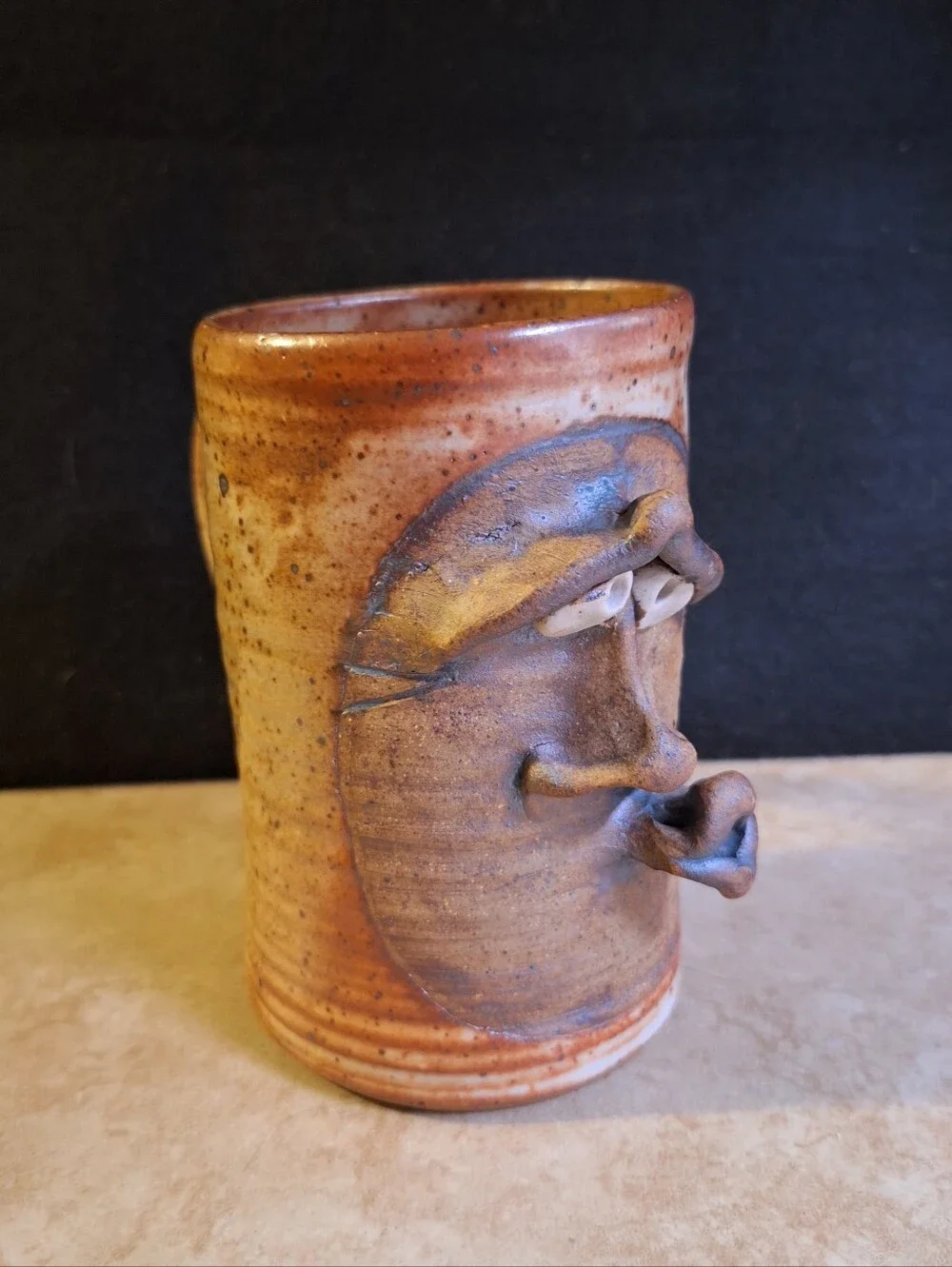 Signed Vintage Goofy Face Mug Handmade Pottery Stoneware Brown Glaze Ceramic